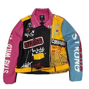 Red Fox Graffiti Moto Jacket Womens XL Pink Colorful Studded Faux Leather Biker